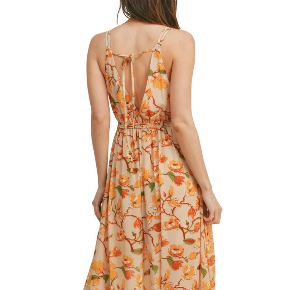 NWT - Lush - Taupe Yellow Floral Tie Back Maxi Dress - Size Medium - Picture 2 of 5